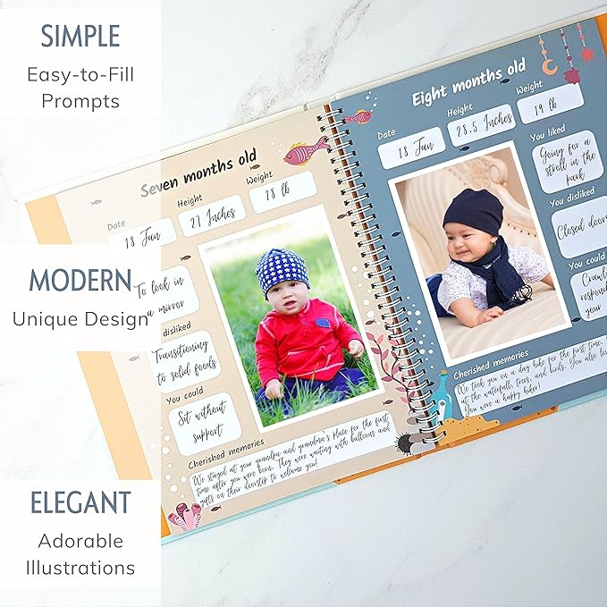 Baby Memory Book for Girl or Boy - First Year Unisex Ocean Keepsake to Log Newborn 1st Milestone - Gender Neutral Sea Photo Album Dairy - Nautical Themed Stuff Journal - Elegant New Parents Baby Gifts