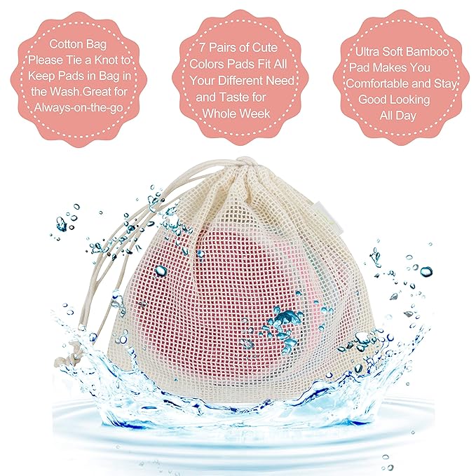 Nursing Breast Pads (14 Pack) + Laundry Bag & Travel Storage Bag, 4.7 inch Option - Washable & Reusable Breastfeeding Nursing Pads (Gentle, Large, Daytime Use)