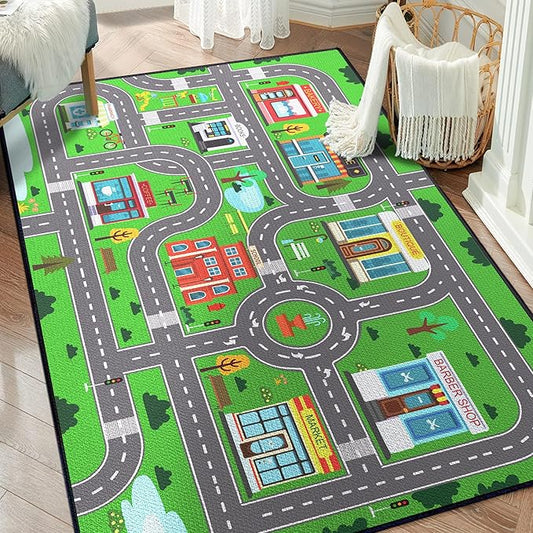 Play Rug for Playroom 3x4 Car Mat Town City Road Map for Boys Bedroom Fun Car Play Area Carpet Non-Slip Washable