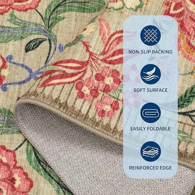 GarveeHome Floral 2x6 Washable Kitchen Runner Rugs Non Slip Camel Taupe Brown Vintage Boho Cottage Long Rug for Hallways Bedroom Entryway Bathroom Mat with Rubber Back