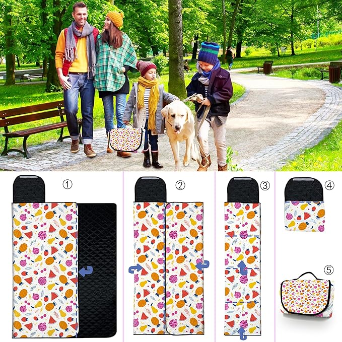 Poedist Extra Large Picnic Blanket Waterproof,80"x 80"Foldable Machine Washable Beach Blanket,Outdoor Blanket for 6-8 Adults,Suitable for Indoor Crawling,Park Beach,Camping,Hiking,Family Travel(Fruit