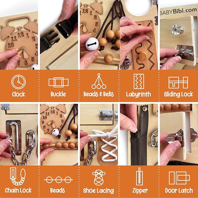 10-in-1 Montessori Busy Board for Toddlers - Safe, Durable Sensory Activity Board with Locks, Shoelaces & More - Perfect Educational Toy Built for Growth & Travel - Recommended for Ages 3 Years & Up