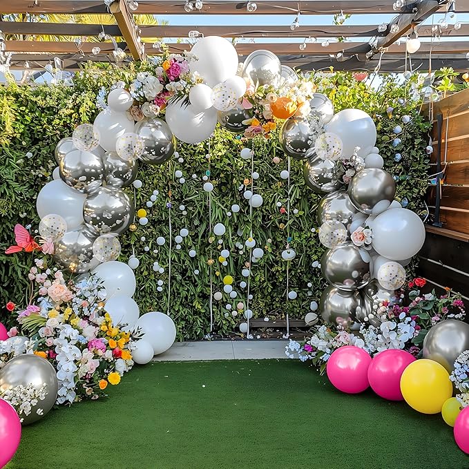 JOYIN 150 Pcs Metallic Silver Balloons, Different Sizes 18 12 10 5 Inch Silver Latex Balloon Arch Kit with Instruction for Birthday Party Graduation Wedding Holiday Decoration