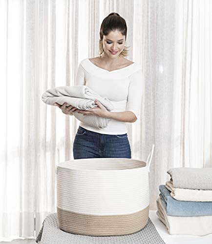 OrganiHaus Boho Woven Basket for Blankets and Laundry, Decorative Large Storage Bin for Living Room, Nursery Basket for Toys & Clothes, Soft Cotton Rope with Handles 20x13 inches - Off-White/Honey