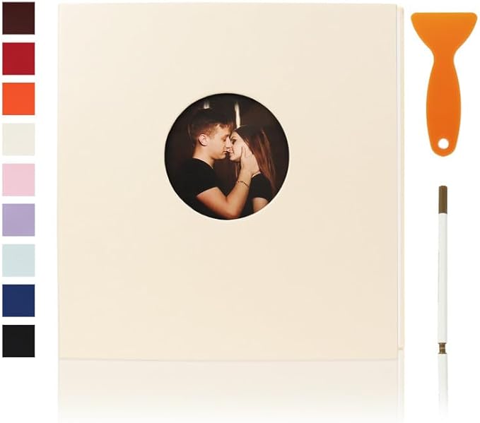 RECUTMS Photo Album Self Adhesive with Round Window 4x6 5x7 6x8 8x10 Magnetic Scrapbook with 40 Pages Leather Cover DIY Photo Album with Metallic Pen and Scraping Plate (Begie)