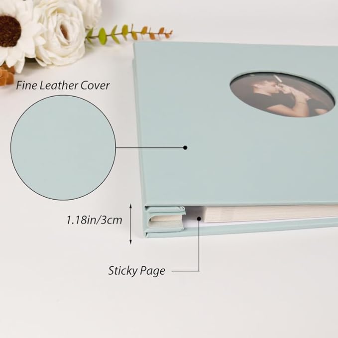 RECUTMS Photo Album Self Adhesive with Round Window 4x6 5x7 6x8 8x10 Magnetic Scrapbook with 40 Pages Leather Cover DIY Photo Album with Metallic Pen and Scraping Plate (Sky Blue)