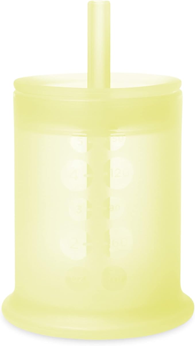 Olababy Silicone Training Cup with Straw Lid | Babies Water Drinking Cup | 6+ Mo Infant To 12-18 Months Toddler | Sippy Cup For Kids & Smoothie Cup | Baby Led Weaning (Lemon, 5 oz)