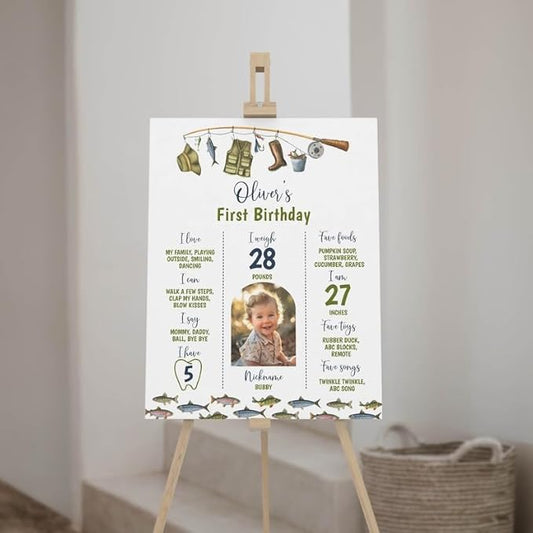 Generic Personalized Fishing Milestone Board, Big One 1St Birthday Milestone Poster, O-Fish-Ally Birthday Photo Milestone Sign, Design 016
