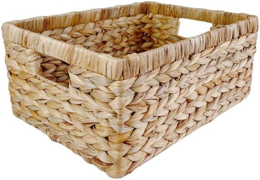 Large Rectangular Handwoven Wicker Basket - Natural Water Hyacinth Storage Baskets with 2 Built-in Handles - Ideal for Towel, Blankets, and Home Organizer & Decor - 15"x 11"x6.75" - Brown