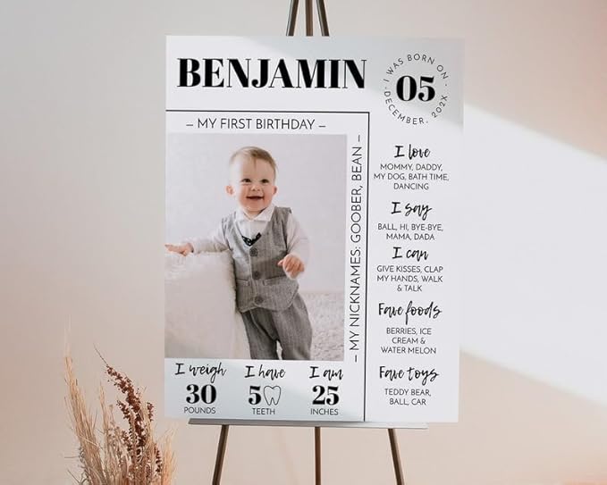 Generic Personalized First Birthday Milestone Poster, Modern 1St Birthday Milestone Sign, One Year Photo Baby Milestone Board, Design 012