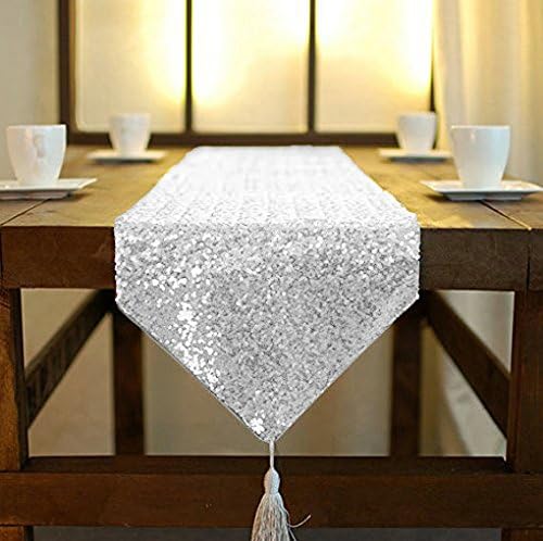 ShinyBeauty 12x48-Inch Silver-Tassel Table Runner, Small Sequined Sparkly Table by ShinyBeauty