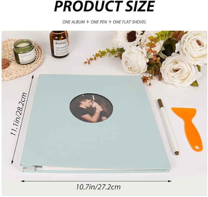 RECUTMS Photo Album Self Adhesive with Round Window 4x6 5x7 6x8 8x10 Magnetic Scrapbook with 40 Pages Leather Cover DIY Photo Album with Metallic Pen and Scraping Plate (Sky Blue)
