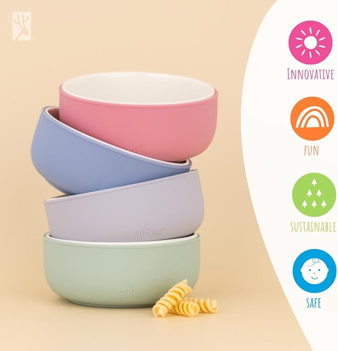 Elk and Friends Kids Porcelain Bowls with Silicone Sleeve + Silicone Lid | Kids/Toddler/Baby Feeding | Microwave & Dishwasher Safe | Non slip | Cereal/Soup/Snack Dishes & Dinnerware
