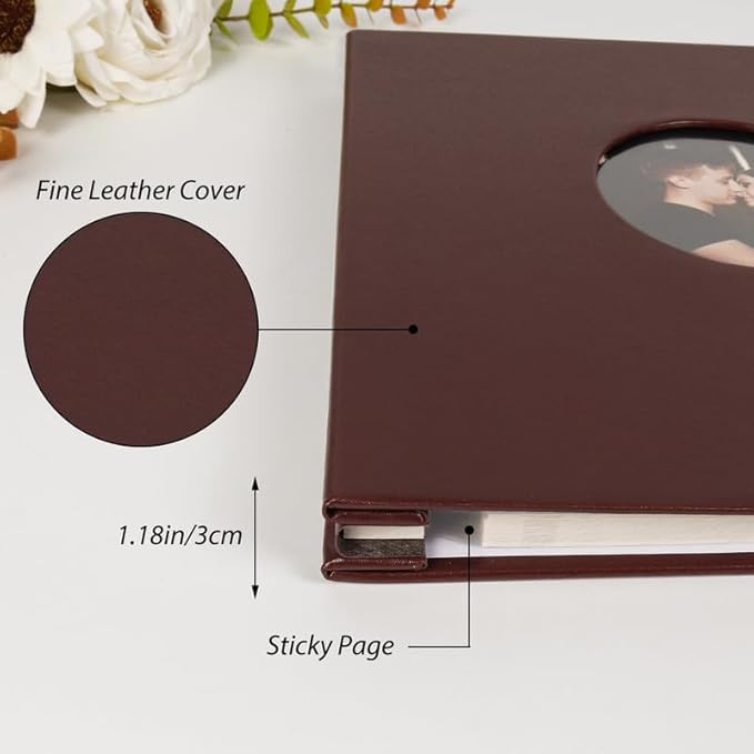 RECUTMS Photo Album Self Adhesive with Round Window 4x6 5x7 6x8 8x10 Magnetic Scrapbook with 40 Pages Leather Cover DIY Photo Album with Metallic Pen and Scraping Plate (Brown)