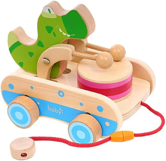 Baby Gift Wooden Toddler Pull Toy, Crocodile Drum Tapping Children's Toy, Baby dragging and Learning to Walk, Rope Traction Rope Crawling for Toddlers Ages 1+