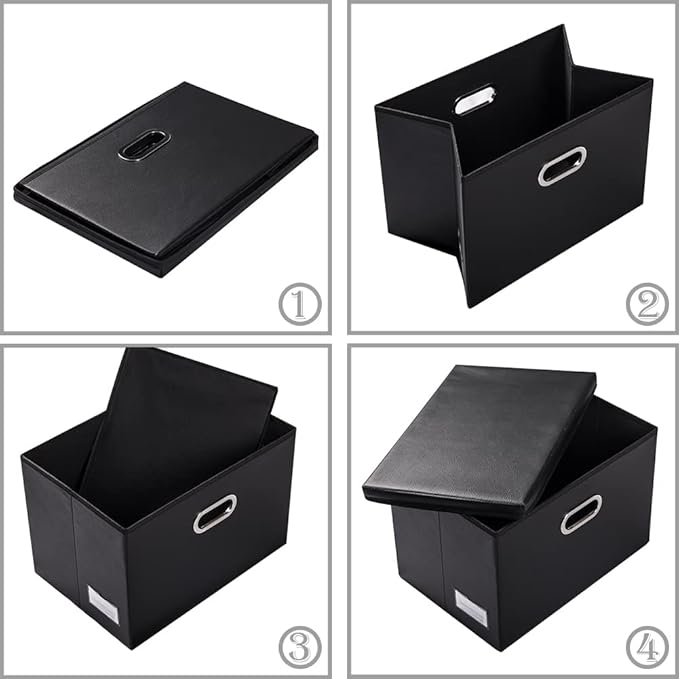 PRANDOM Large Stackable Storage Boxes with Lids [5-Pack] Leather Fabric Foldable Storage Bins Organizer Containers Baskets Cubes with Cover for Bedroom Closet Office Nursery Black(17.7x11.8x11.8)