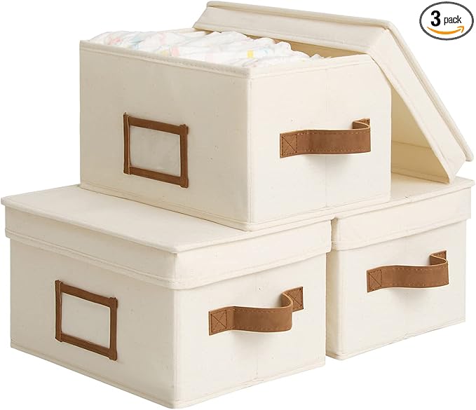 StorageWorks Storage Bins with Lids, Decorative Storage Boxes with Lid and PU Handles, Foldable Storage Baskets for Closet, Shelves, Stackable, Ivory, Medium, 3-Pack