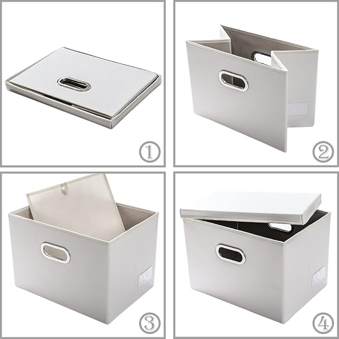 PRANDOM Foldable Storage Bins with Lids [5-Pack] Leather Fabric Collapsible Storage Boxes Organizer Containers Baskets Cube with Cover for Bedroom Closet Office Nursery White (14.9x10.8x10)