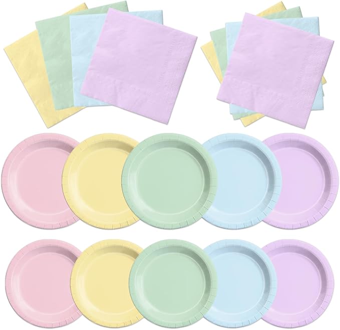 CMUSKO Pastel Party Decorations-150Pcs Rainbow Plates and Napkins Pastel by CMUSKO
