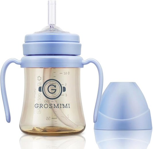 GROSMIMI Spill Proof no Spill Magic Sippy Cup with Straw with Handle for Baby and Toddlers, Customizable, PPSU, BPA Free 6 oz (Sky blue)