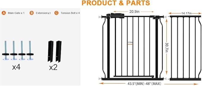 HOOEN Wide Baby Gates for Doorway Stairs 30" Tall 43.5 to 48 Inch Wide Indoor Child Gate for Kid or Pet Dogs Walk Through Pressure Mounted Baby Dog Gate