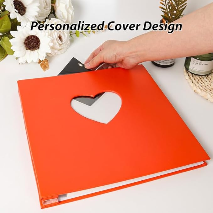 RECUTMS Photo Album Self Adhesive Scrapbook Album with Love Window for 4x6 5x7 8x10 Pictures Leather Magnetic Scrapbook Album DIY 40 Pages with Metallic Pen and Scraping Plate (Orange)