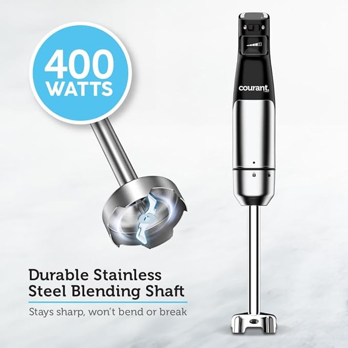 Courant Immersion Handheld Blender,4 in 1 400W Stick Blender, Variable Speed Stainless Steel Blades, Blending shaft Whisk,Chopper,Masher, Beaker Stainless Steel, LED Display