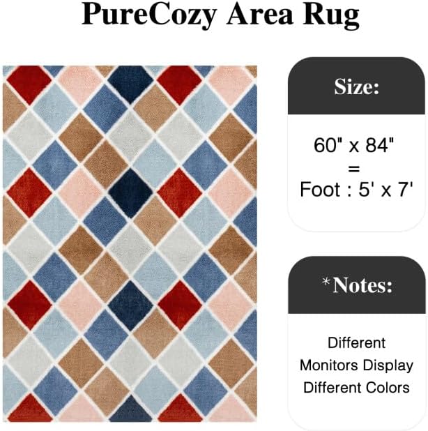 PureCozy 5x7 Checkered Rug for Living Room Rainbow Modern Soft Area Rug Fluffy - Image 2