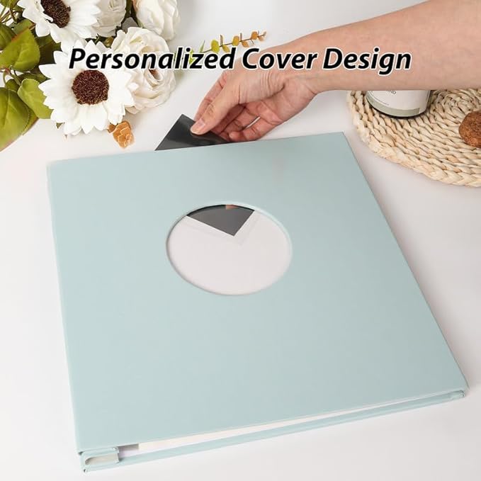 RECUTMS Photo Album Self Adhesive with Round Window 4x6 5x7 6x8 8x10 Magnetic Scrapbook with 40 Pages Leather Cover DIY Photo Album with Metallic Pen and Scraping Plate (Sky Blue)