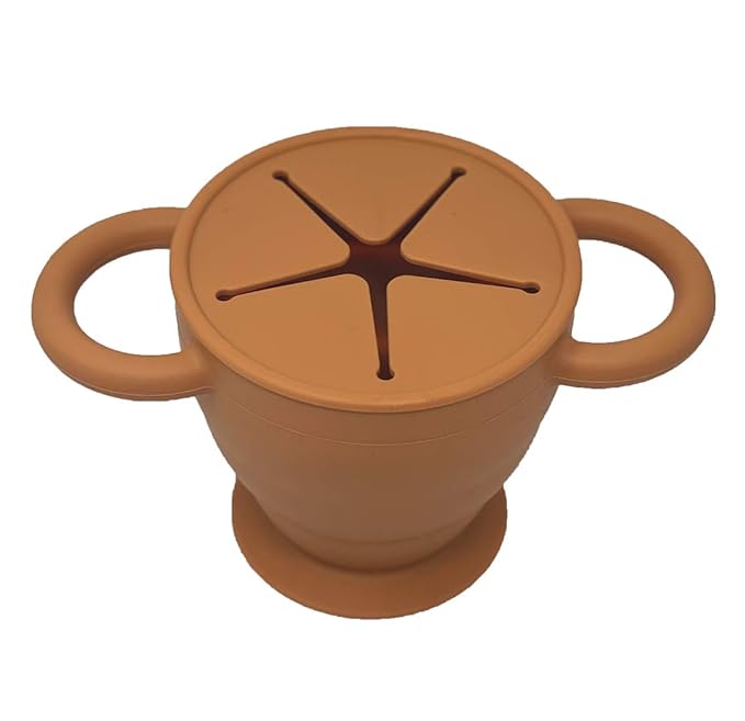 BraveJusticeKidsCo | Snack Attack II Snack Cup | Collapsible Silicone Snack Container | Toddler and Baby Snack Catcher Lid (Honey Ginger)