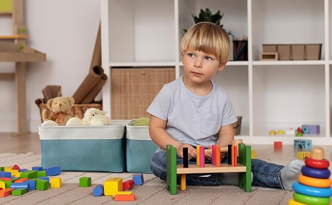 TheWarmHome Fabric Storage Bin with Handles,Storage Basket for Home Storage and Organization, Shelf Basket with Cover for Living Room Bedroom Closet（White & Green Large,15.7L*11.8W*8.3H