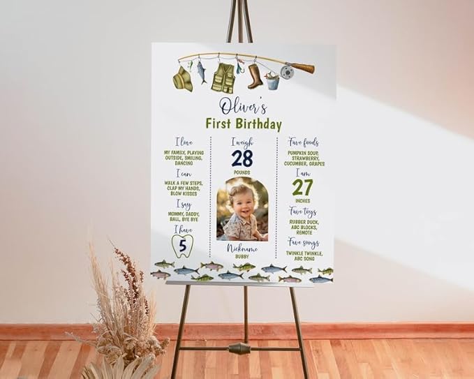 Generic Personalized Fishing Milestone Board, Big One 1St Birthday Milestone Poster, O-Fish-Ally Birthday Photo Milestone Sign, Design 016