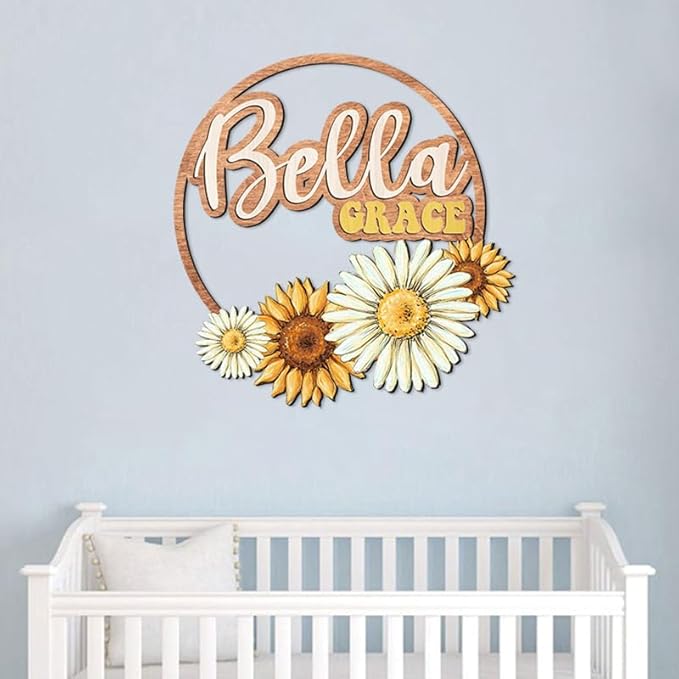 Custom wooden nursery name sign, Boho nursery wood 2 layer, Floral nursery name sign for girls, Daisy Sunflower Baby name signs for nursery, Wood name signs, Baby shower, Nursery decor flower gift/18
