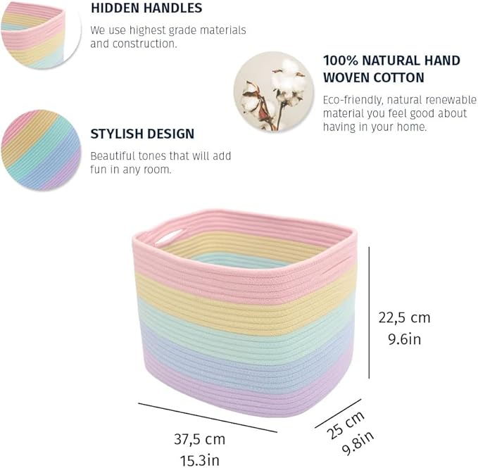 OrganiHaus Rope Rainbow Storage Baskets for Shelves | Rainbow Baskets for Pastel Classroom Decor | Baby Basket for Pastel Room Decor | Pastel Rainbow Storage Bins Colorful Baskets for Baby Room