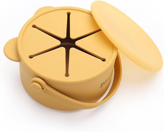 Snack Cups for Toddlers, Baby Snack Containers, Silicone Toddler Snack Cups No Spill, Food Catcher with Lid & Bucket-like Handle, BPA Free & Dishwasher Safe, 9 Ounce Mustard