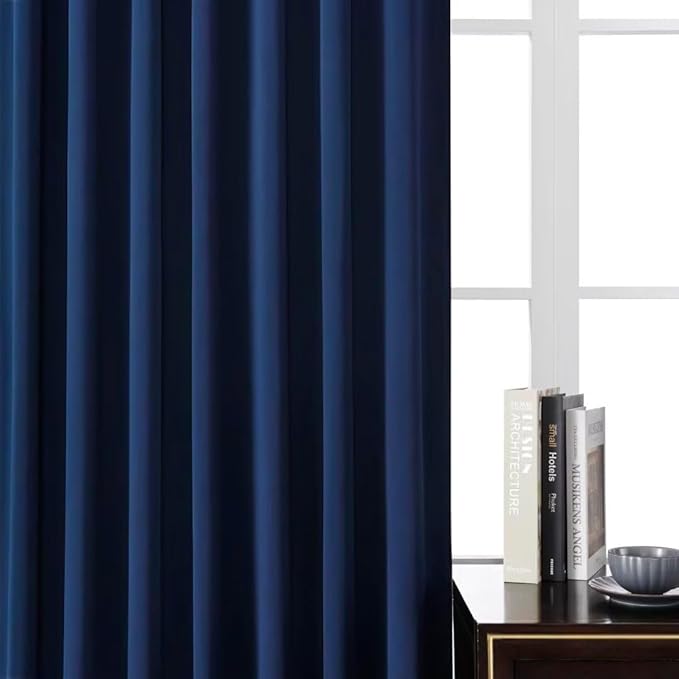 Joydeco 90 Inch Blackout Curtains for Bedroom, Thermal Insulated Black Out Curtains 2 Panels Set, Room Darkening Drapes for Living Room Window Rod Pocket Back Tab (W52 x L90 Inch, Navy Blue)