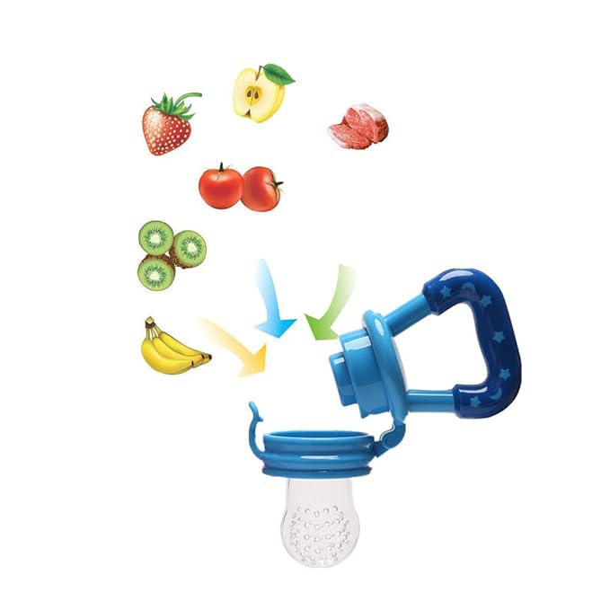 Food Feeder Baby Fruit Pacifier (3 Pcs) with 6 Different Sized Silicone Pacifiers 2 PCS Dispensing Spoon 90ML Spoons Clip Infant Teething Feeders -Blue