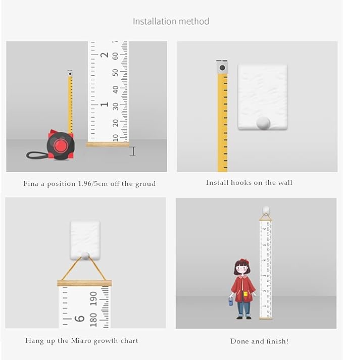 Kids Growth Chart, Wood Frame Fabric Canvas Height Measurement Ruler from Baby to Adult for Child's Room Decoration 7.9 x 79in (7.9 x 79in, Gray)