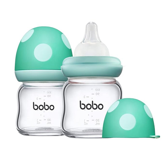 YOHKOH Natural Glass Baby Bottle with Natural Response Nipple, Newborn Anti-Colic Baby Bottles, Wide Neck Mushroom Cap Baby Bottle, Clear (3.4oz (Pack of 2), Blue)