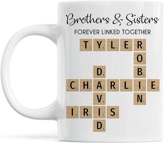 Trending Custom Brothers And Sisters Forever Linked Together Crossword Puzzle Art Personalized Mug, Gift For Brothers, Sisters, Siblings, Family Member on Birthday Christmas