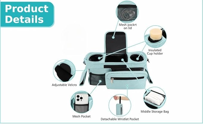 Universal Stroller Organizer with Insulated Cup Holder, Detachable Phone Bag, Shoulder Strap – Fits All Stroller Types, Keeps Drinks Hot/Cold (Blue)