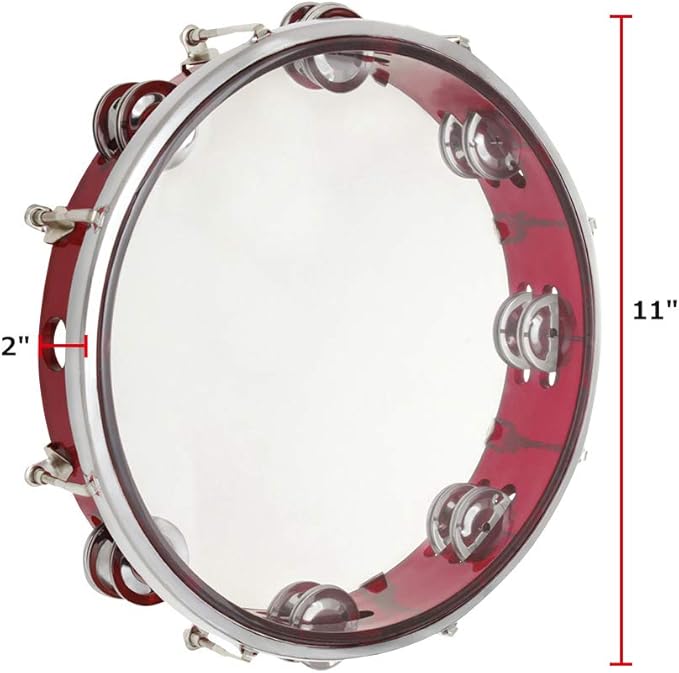 ENNBOM Tambourine Adjustable Tone Hand Drum Double Row Metal Jingles Hand Bell Performance Level Handheld Percussion (Red)