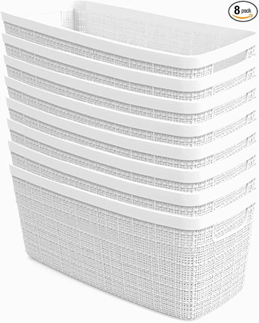 Curver Jute Decorative Plastic Organization and Storage Basket Perfect Bins for Home Office, Closet Shelves, Kitchen Pantry and All Bedroom Essentials, Slim, White, Set of 8