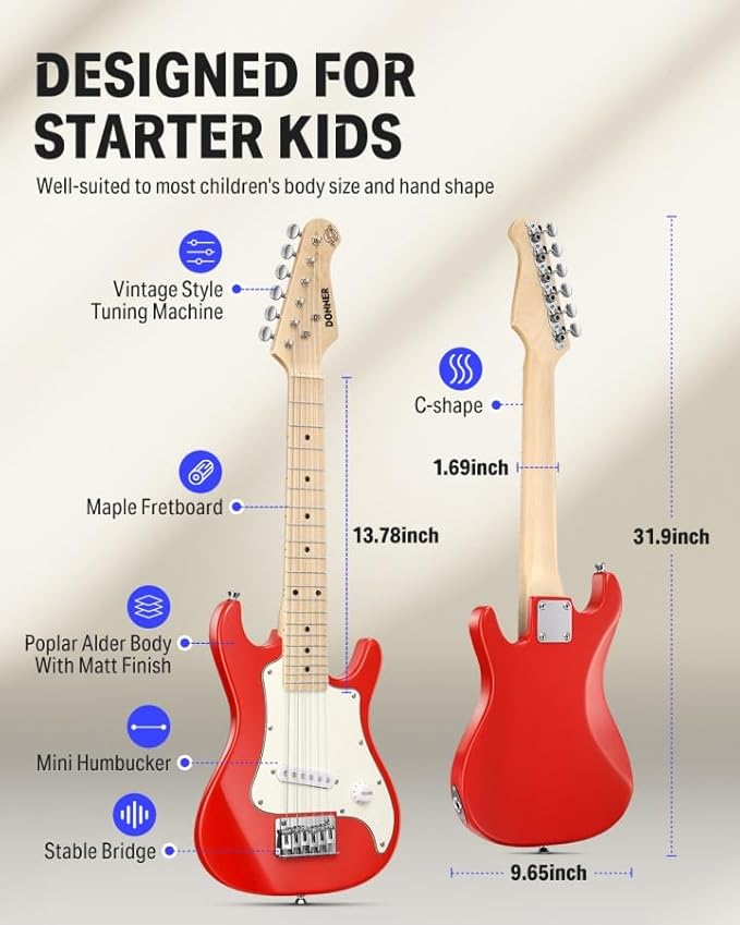 Donner 30 Inch Kids Electric Guitar Beginner Kits ST Style Mini Electric Guitar for Boys Girls with Amp, 600D Bag, Tuner, Picks, Cable, Strap, Extra Strings, DSJ-100, Red
