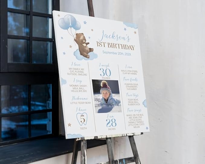 Generic Personalized Beary First Birthday Milestone Poster, Teddy Bear Photo Milestone Sign, Boho Brown Bear Party Stats Board, Design 07