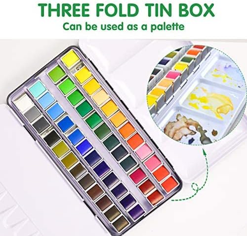 Watercolor Paint set, 48 Colors Premium Solid Watercolor Half Pans in Tin Box, 1 refillable Water Brush Pen, Art Pigment Kit Perfect for Artists Students Kids Beginners and Art Lovers