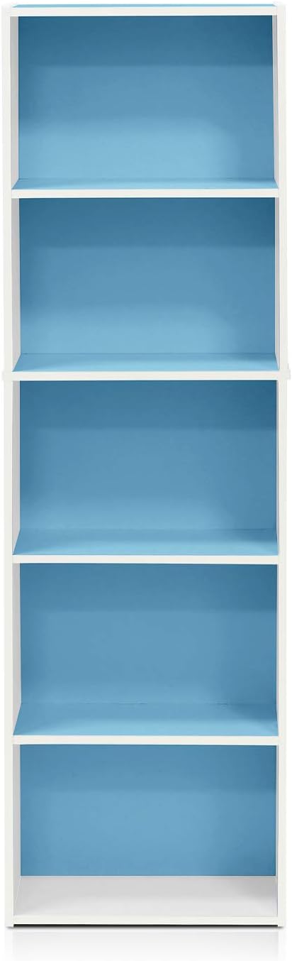 Furinno Luder Bookcase / Book / Storage , 5-Tier, White / Light Blue