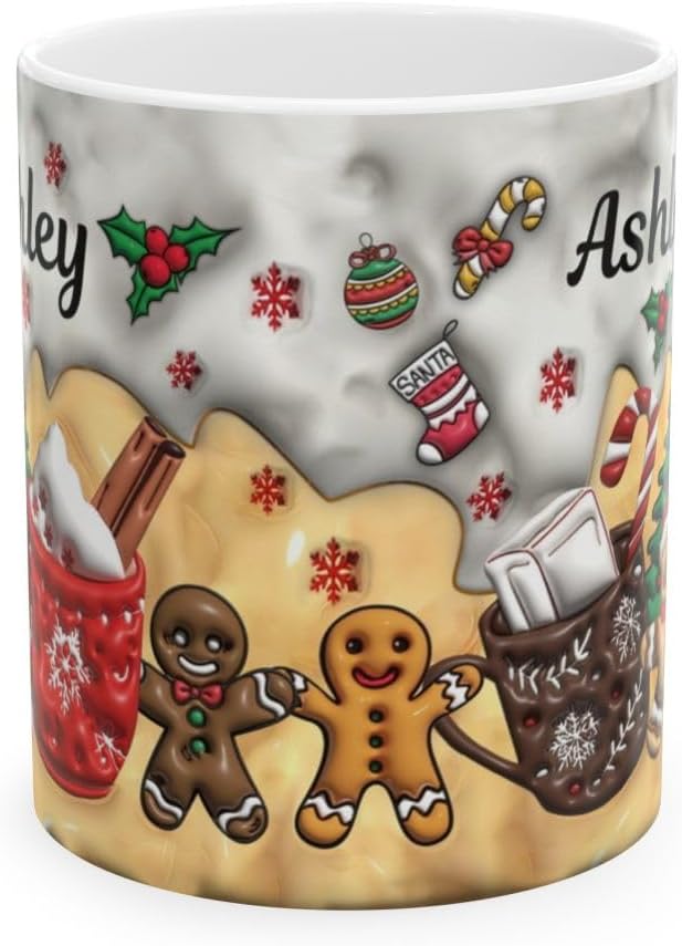 Custom 3D Effect Christmas Mugs with Names, Santa Claus Coffee Mug, Personalized Reindeer Accent Mug Christmas Gifts For Women Men Friends Family Gingerbread Man Mug 11 or 15 Oz