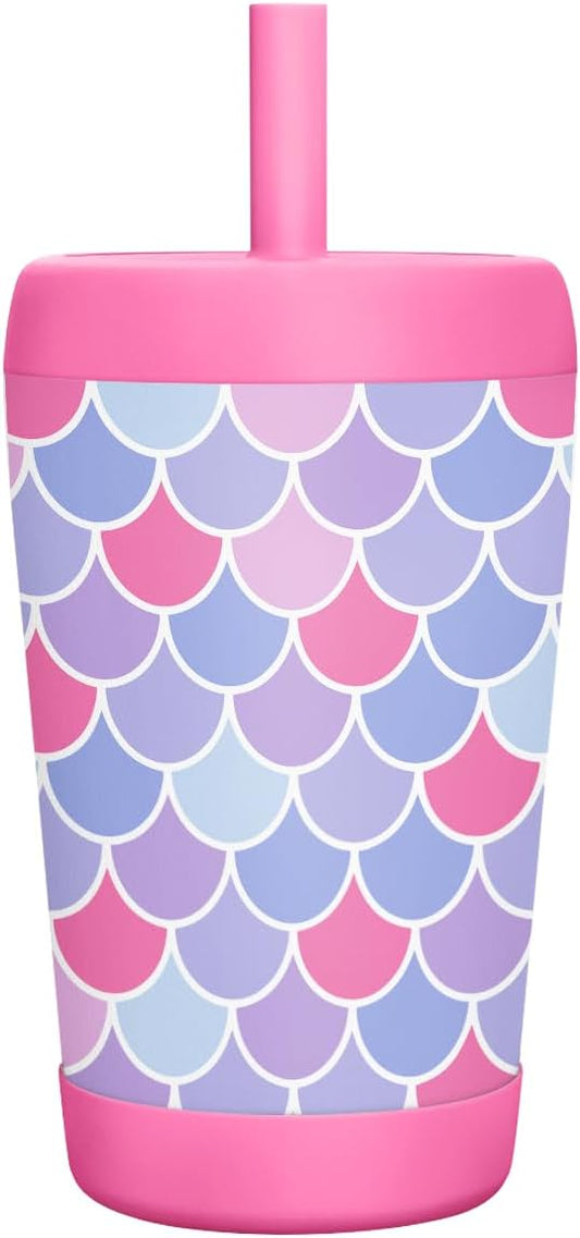 Kid Insulated Stainless Steel Tumbler with Silicone Straw, 12oz Sippy Cup for Kids (Mermaid Scale)