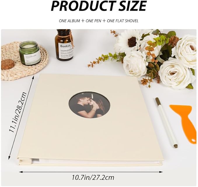 RECUTMS Photo Album Self Adhesive with Round Window 4x6 5x7 6x8 8x10 Magnetic Scrapbook with 40 Pages Leather Cover DIY Photo Album with Metallic Pen and Scraping Plate (Begie)